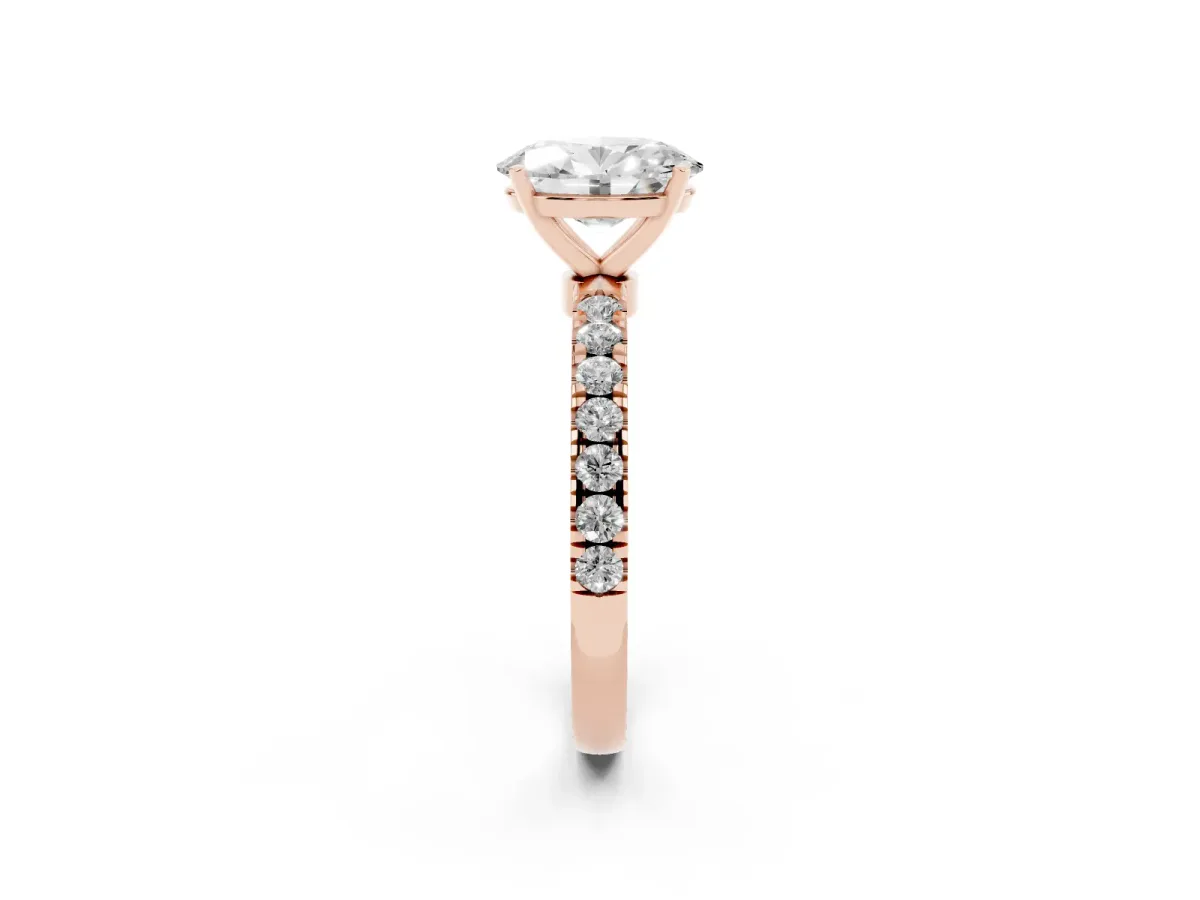 Oval Cut Diamond Solitaire Ring with Pavé Accents and Four-Prong Setting Rose gold
