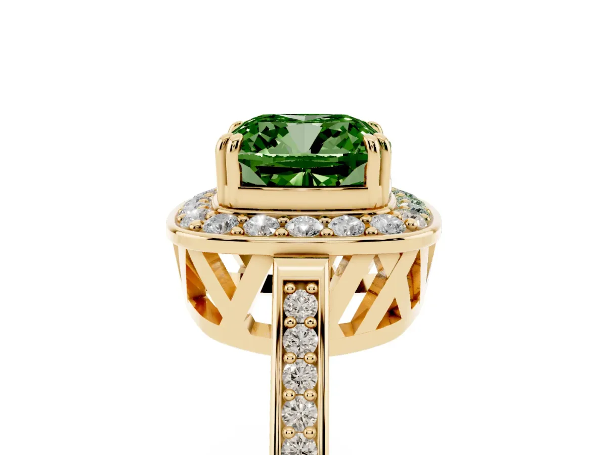Fancy Green Cushion Cut Diamond Halo Ring with Split Shank and Four-Prong Setting Yellow gold