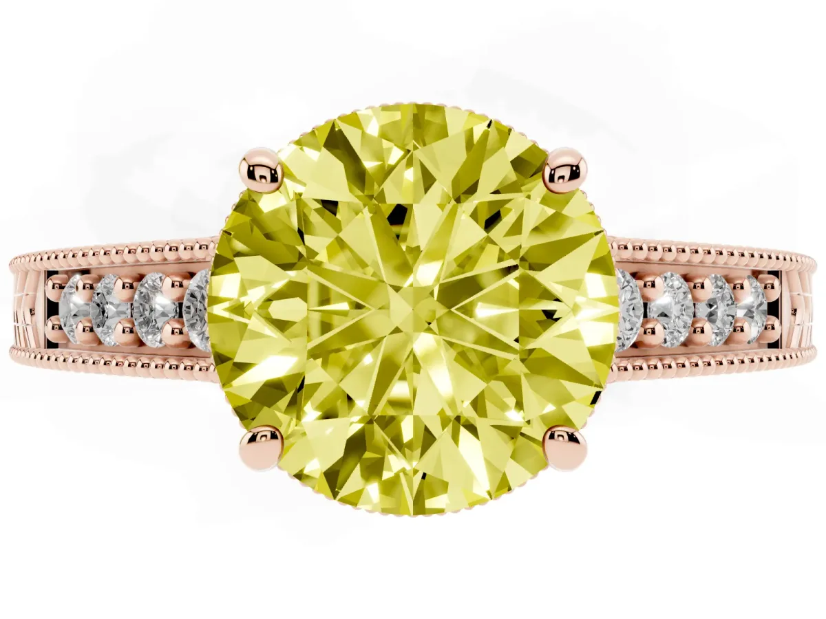 Fancy Yellow Round Cut Solitaire Pavé Diamond Milgrain Engagement Ring with Four-Prong Setting Rose gold