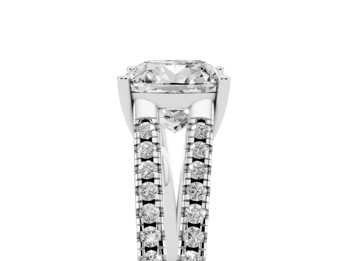 Cushion Cut Diamond Solitaire Engagement Ring with Split Shank Pavé Band Silver