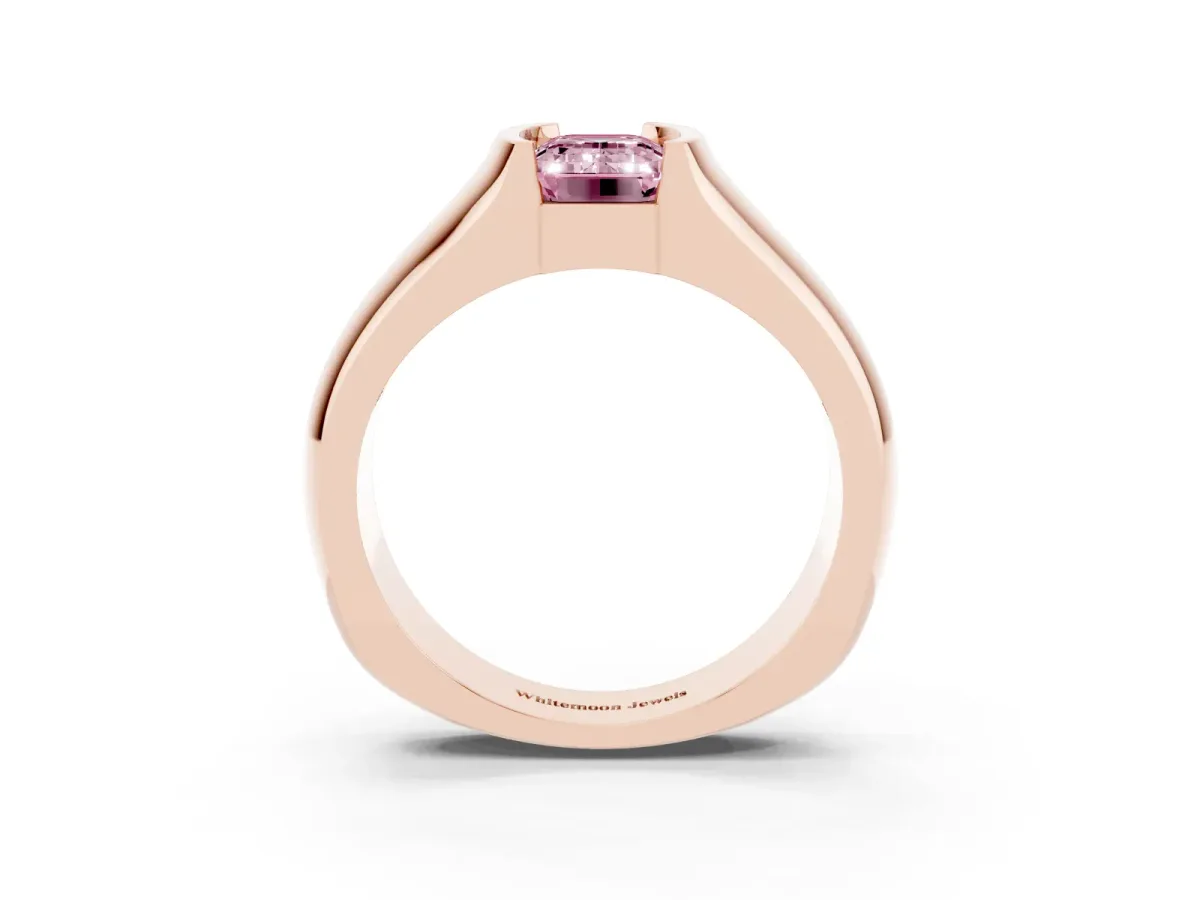 Fancy Pink Emerald Cut Solitaire Bezel Set Diamond Ring with Wide Band Rose gold