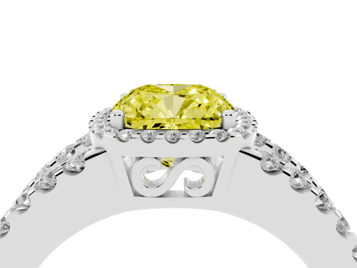 Fancy Yellow Cushion Cut Cut Halo Split Shank Diamond Ring with Four-Prong Setting Platinum