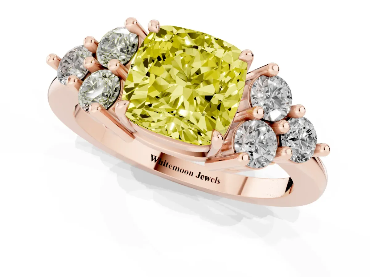 Fancy Yellow Cushion Cut Brilliant Diamond Cluster Accent Solitaire Ring with Prong Setting Rose gold