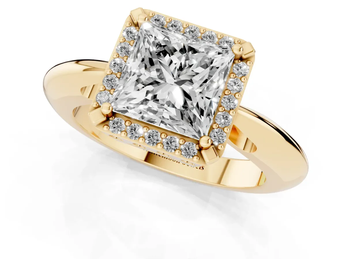 Princess Cut Cut Diamond Halo Engagement Ring with Split Shank and Four-Prong Setting Yellow gold