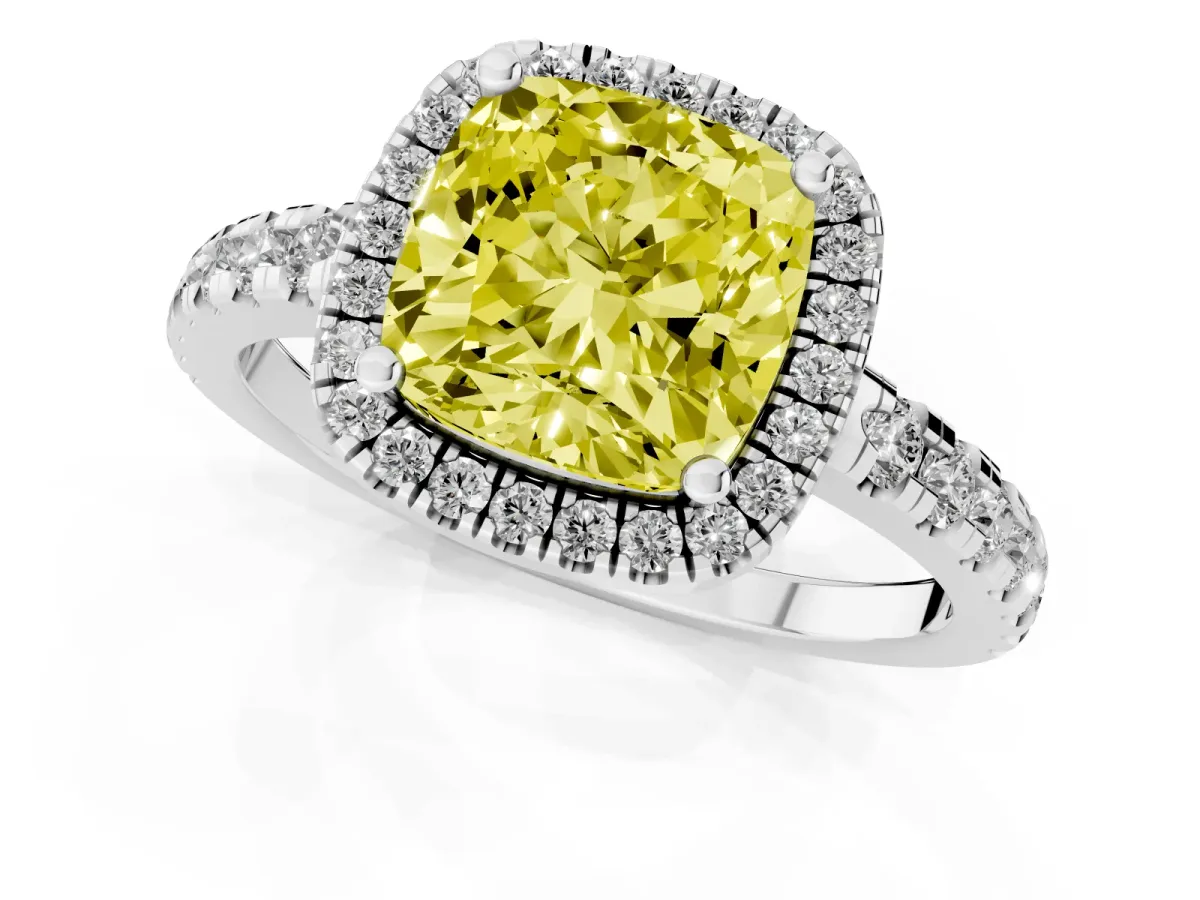 Fancy Yellow Cushion Cut Diamond Halo Ring with Pavé Band and Four-Prong Setting Silver