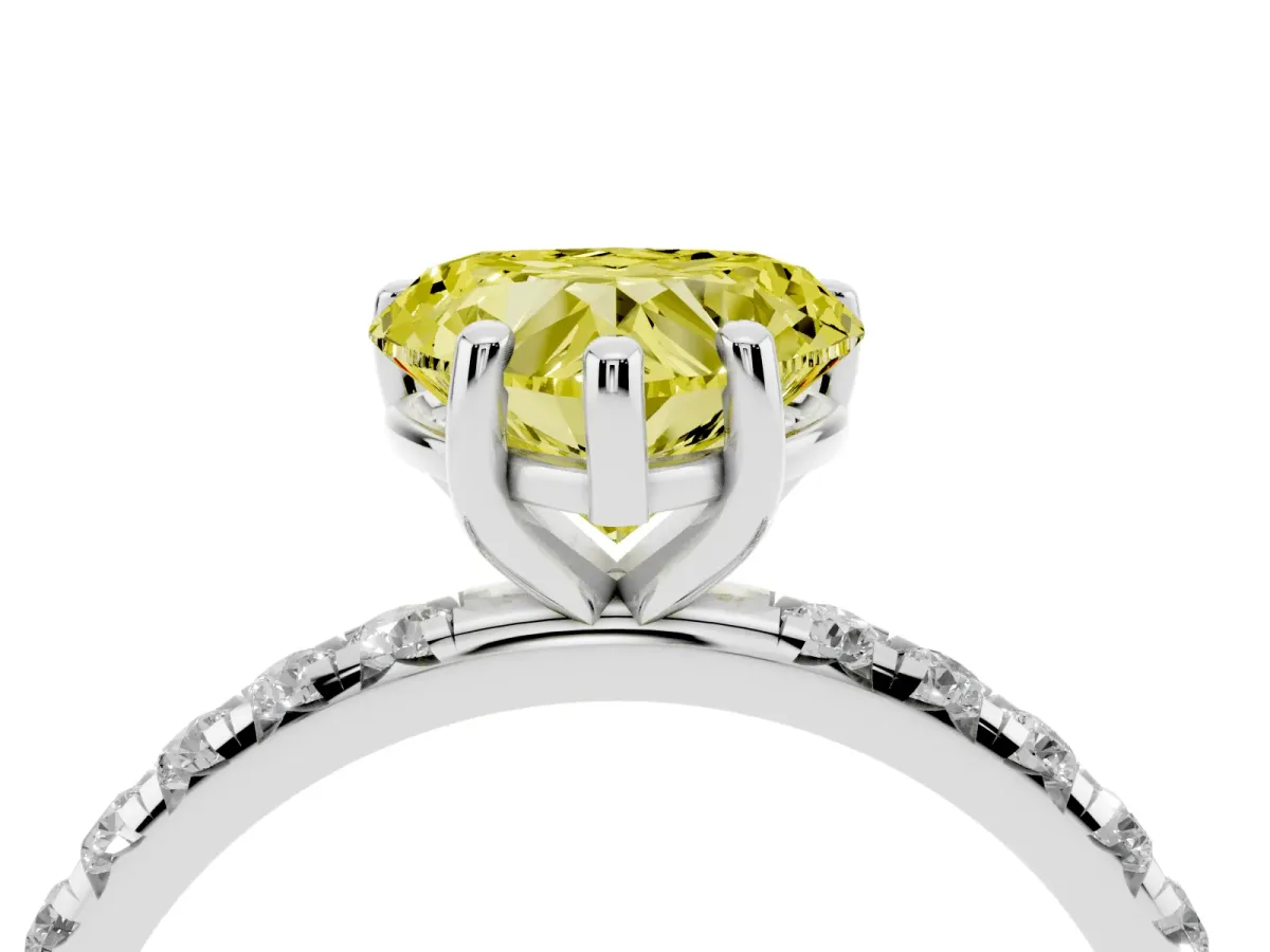 Fancy Yellow Heart Cut Cut Diamond Solitaire Ring with Micro Pave Band and Four Prong Setting Silver