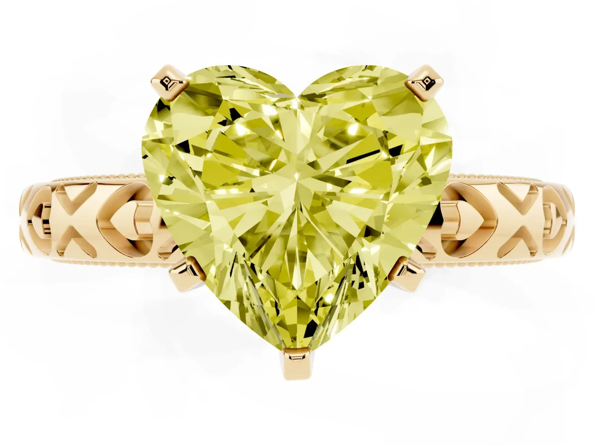 Fancy Yellow Heart Cut Solitaire Diamond Engagement Ring with XO Engraved Band and Four-Prong Setting Yellow gold