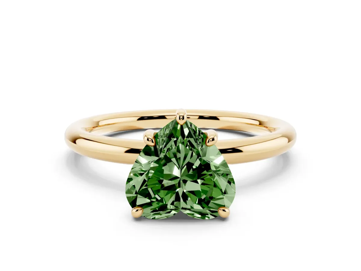 Fancy Green Heart Cut Solitaire Diamond Ring with Four-Prong Setting on a Plain Band Yellow gold