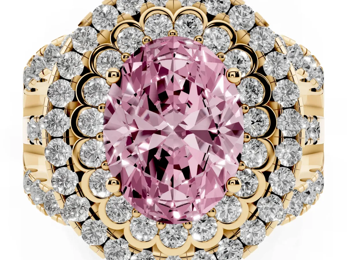 Fancy Pink Oval Cut Diamond Double Halo Ring with Round Pavé Split Shank and Prong Setting Yellow gold
