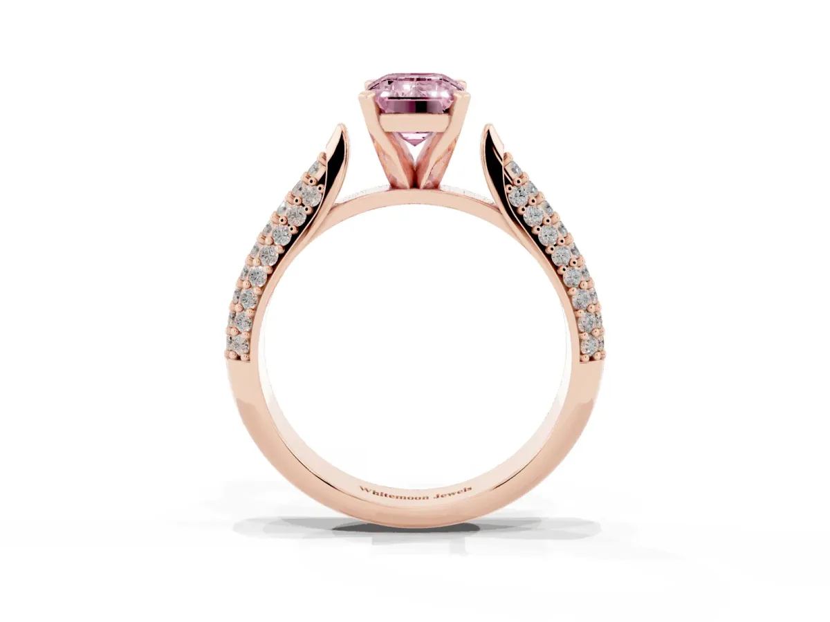 Fancy Pink Emerald Cut Diamond Solitaire Engagement Ring with Multi-Row Round Pavé Band and Prong Setting Rose gold