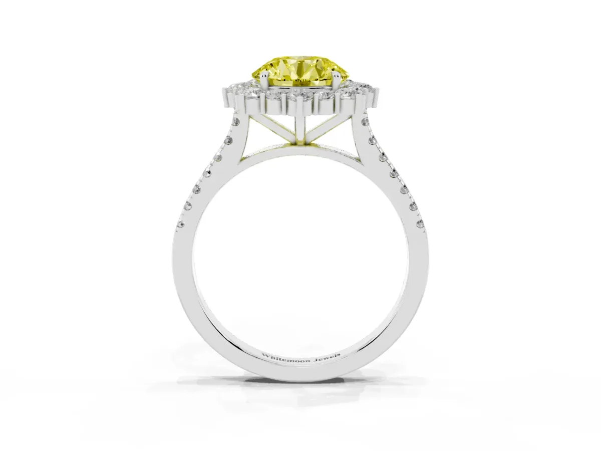Fancy Yellow Round Cut Halo Diamond Ring with Pavé Band and Prong Setting Silver