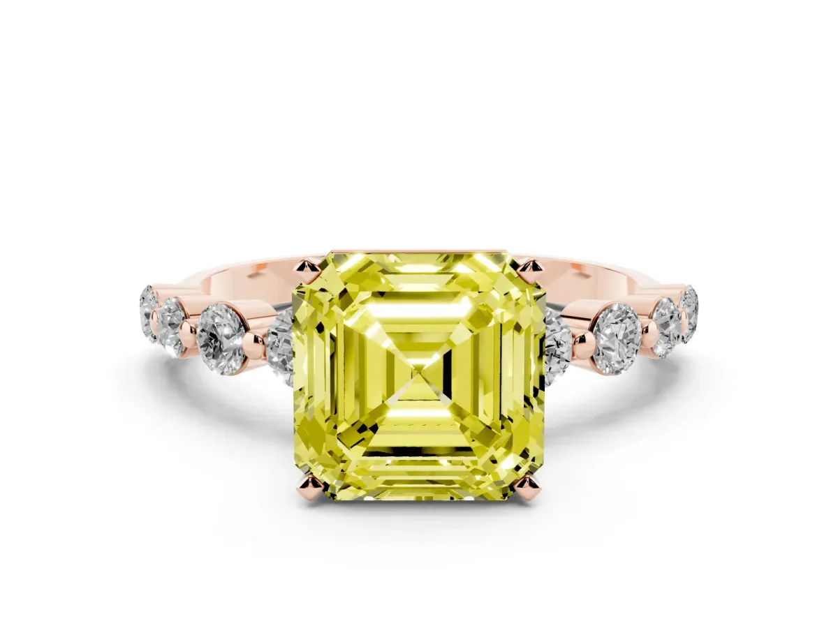 Fancy Yellow Asscher Cut Solitaire Diamond Ring with Pave Band and Four-Prong Setting Rose gold