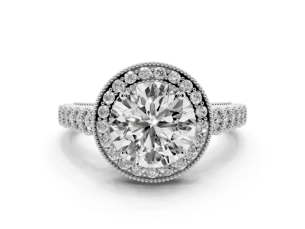 Round Cut Halo Milgrain Solitaire with Bezel Set Side Stones and Pave Band White gold