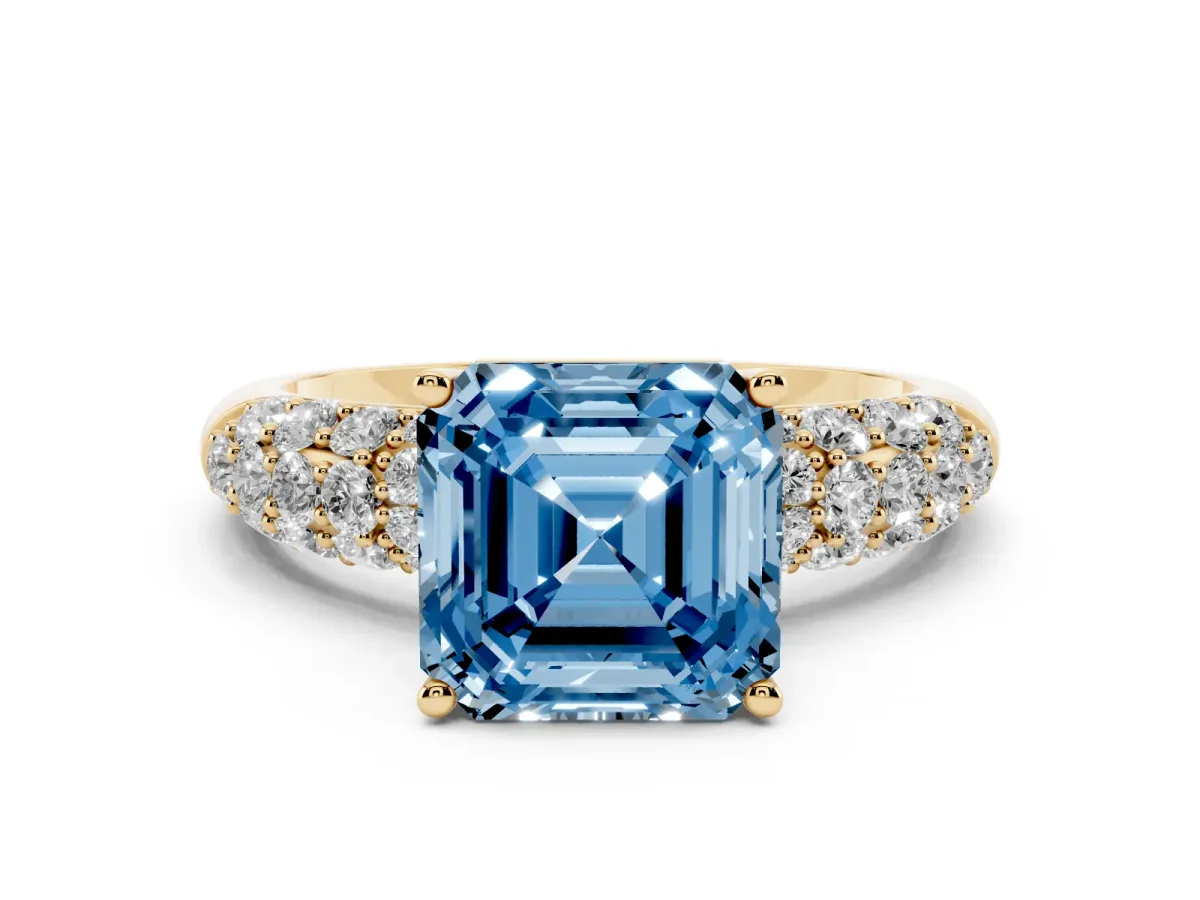 Fancy Blue Asscher Cut Diamond Pavé Band Solitaire Ring with Four-Prong Setting Yellow gold