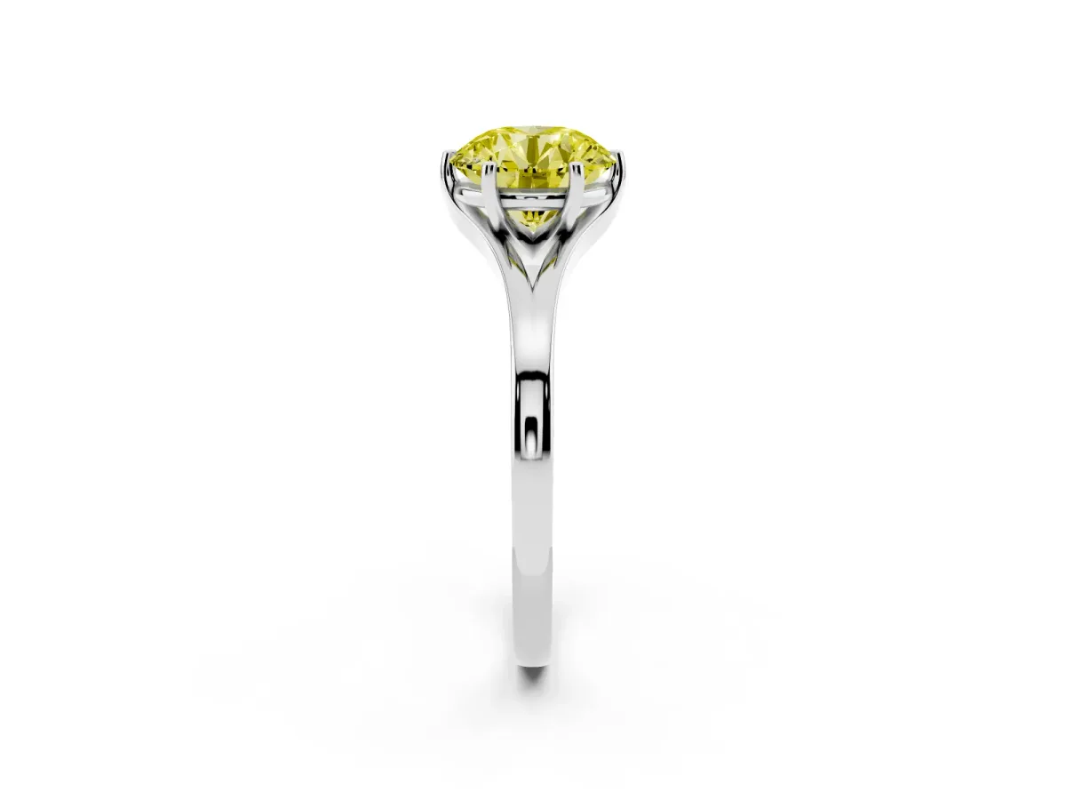 Fancy Yellow Round Cut Solitaire Diamond Ring with Six-Prong Setting and Tapered Band Platinum