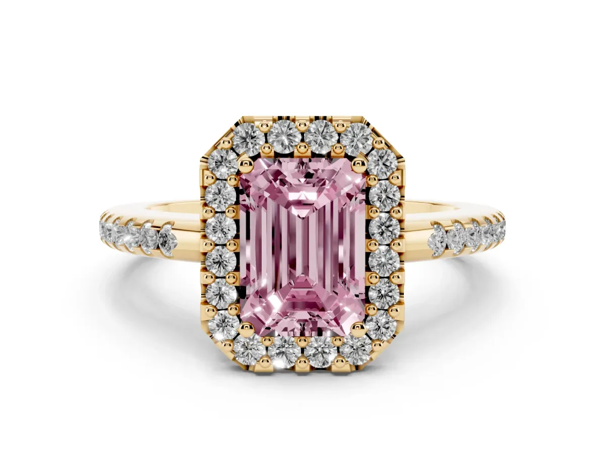 Fancy Pink Emerald Cut Diamond Pavé Halo Ring with Four-Prong Setting Yellow gold