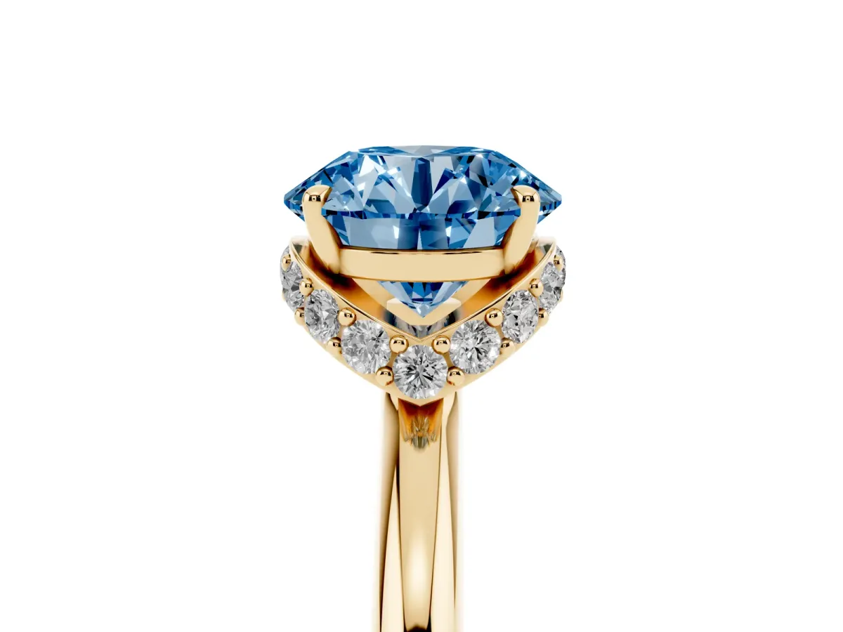 Fancy Blue Round Cut Brilliant Solitaire Engagement Ring with Six-Prong Setting and Classic Band Yellow gold