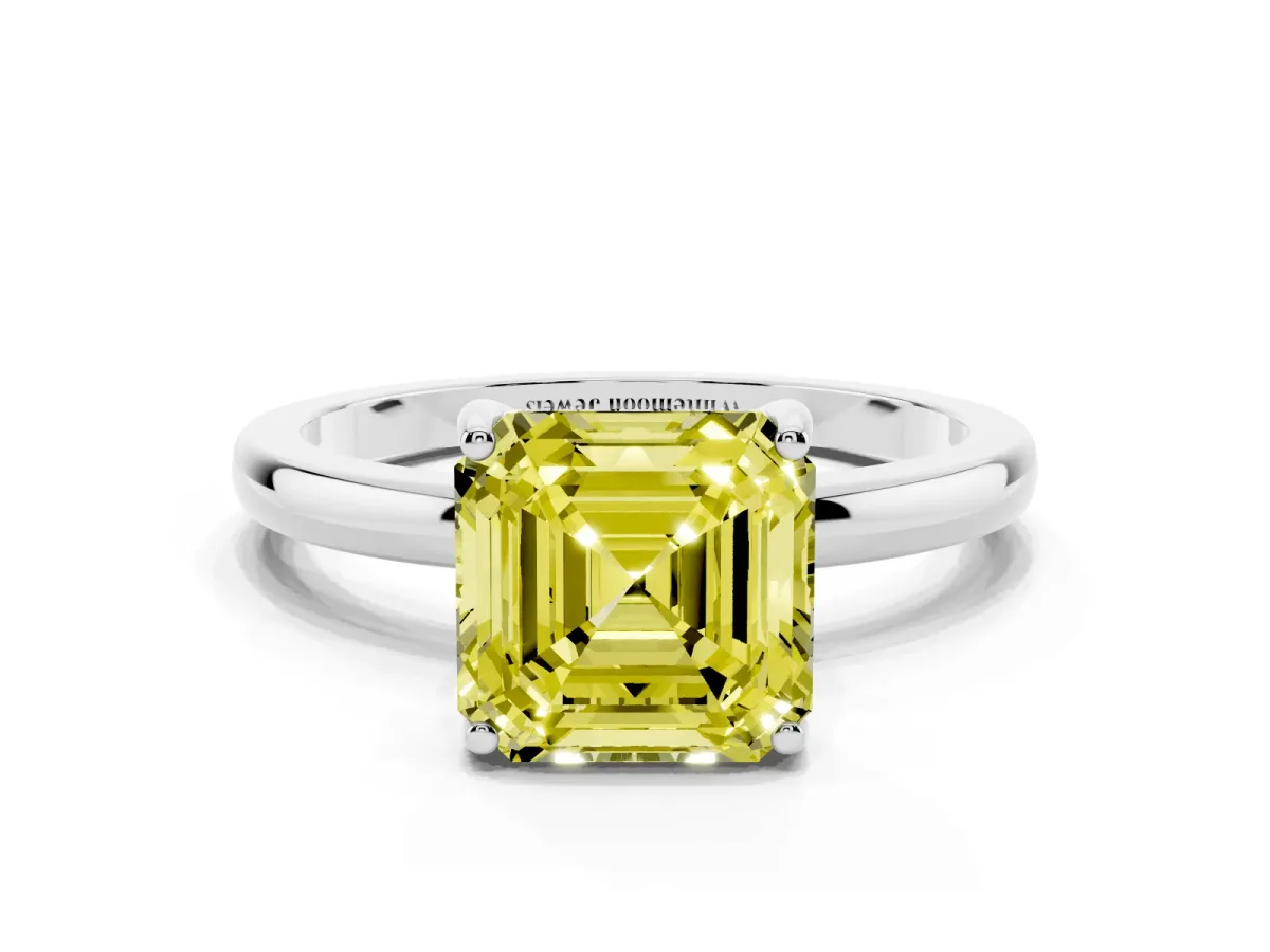 Fancy Yellow Asscher Cut Solitaire Diamond Ring with Prong Setting and Plain Band Platinum
