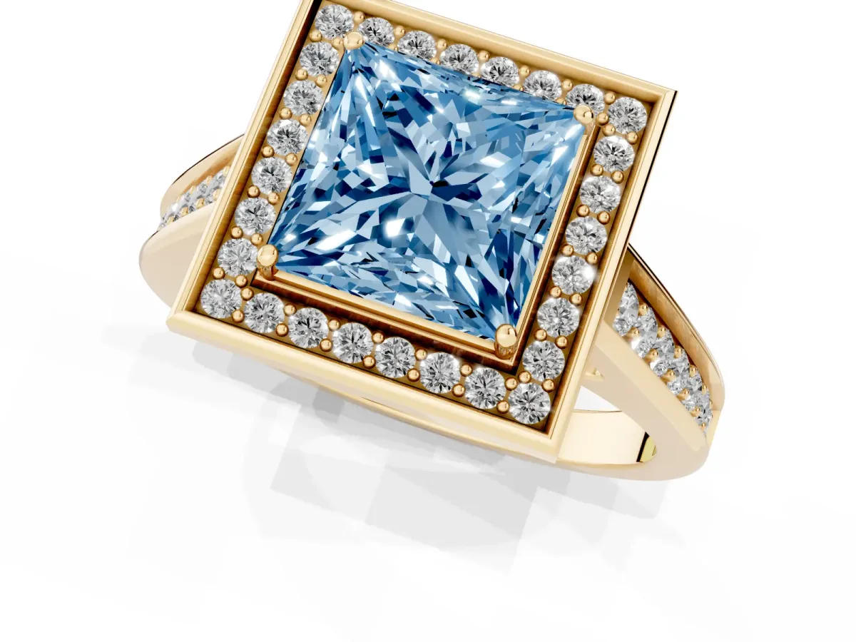 Fancy Blue Princess Cut Halo Solitaire Diamond Ring with Pave Band and Bezel Setting Yellow gold
