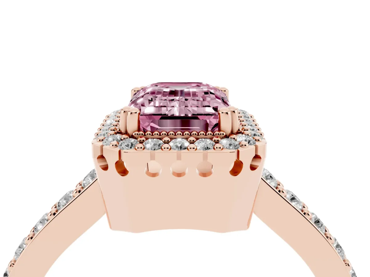 Fancy Pink Emerald Cut Cut Diamond Halo Engagement Ring with Milgrain Detail and Pavé Band Rose gold