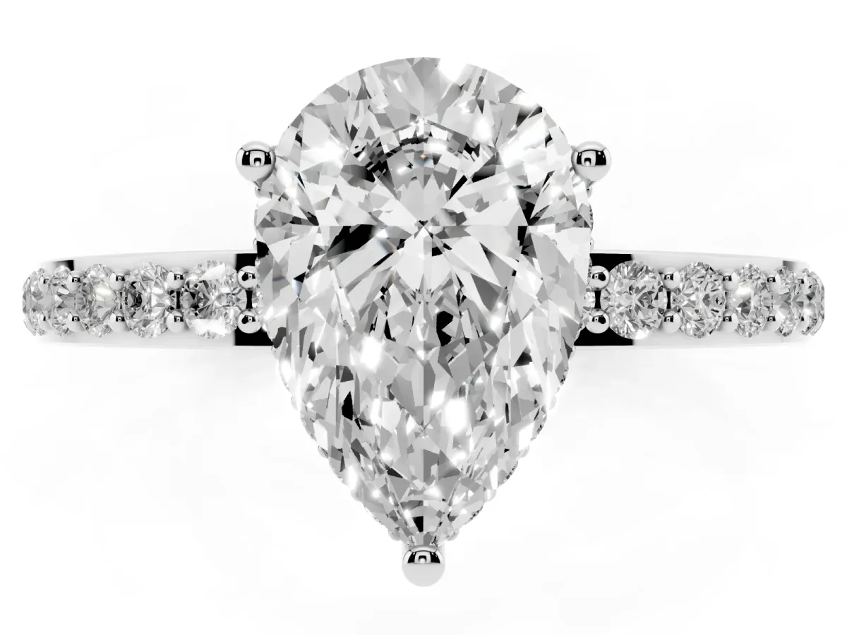 Pear Cut Diamond Solitaire Ring with Pavé Band and Hidden Halo Silver