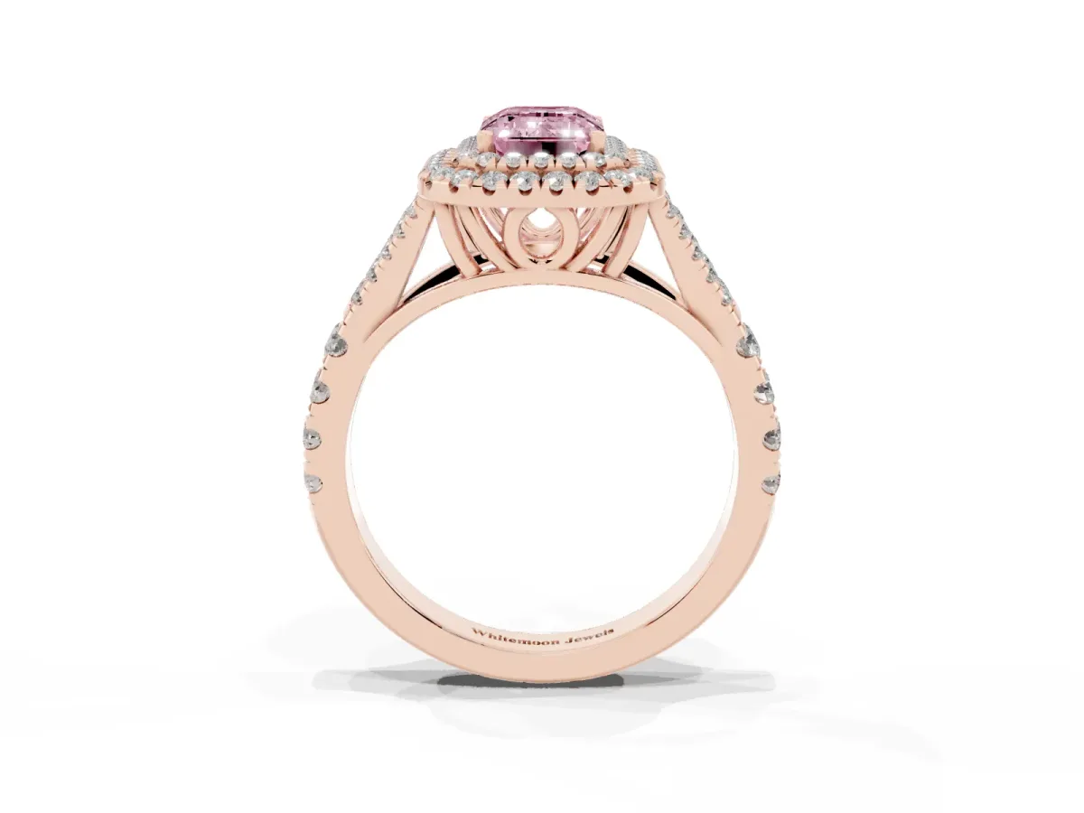 Fancy Pink Emerald Cut Diamond Pavé Split Shank Double Halo Engagement Ring Rose gold