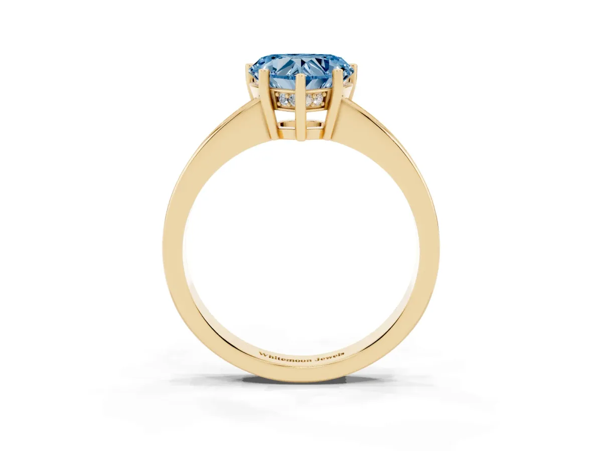 Fancy Blue Heart Cut Solitaire Pavé Band Prong Setting Ring Yellow gold