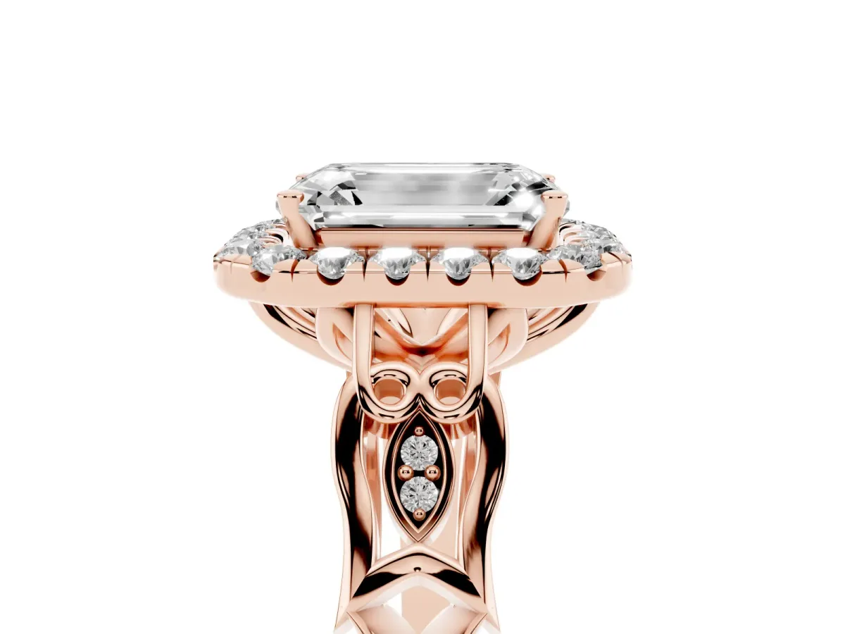 Emerald Cut Halo Diamond Engagement Ring with Filigree Band and Four-Prong Setting Rose gold