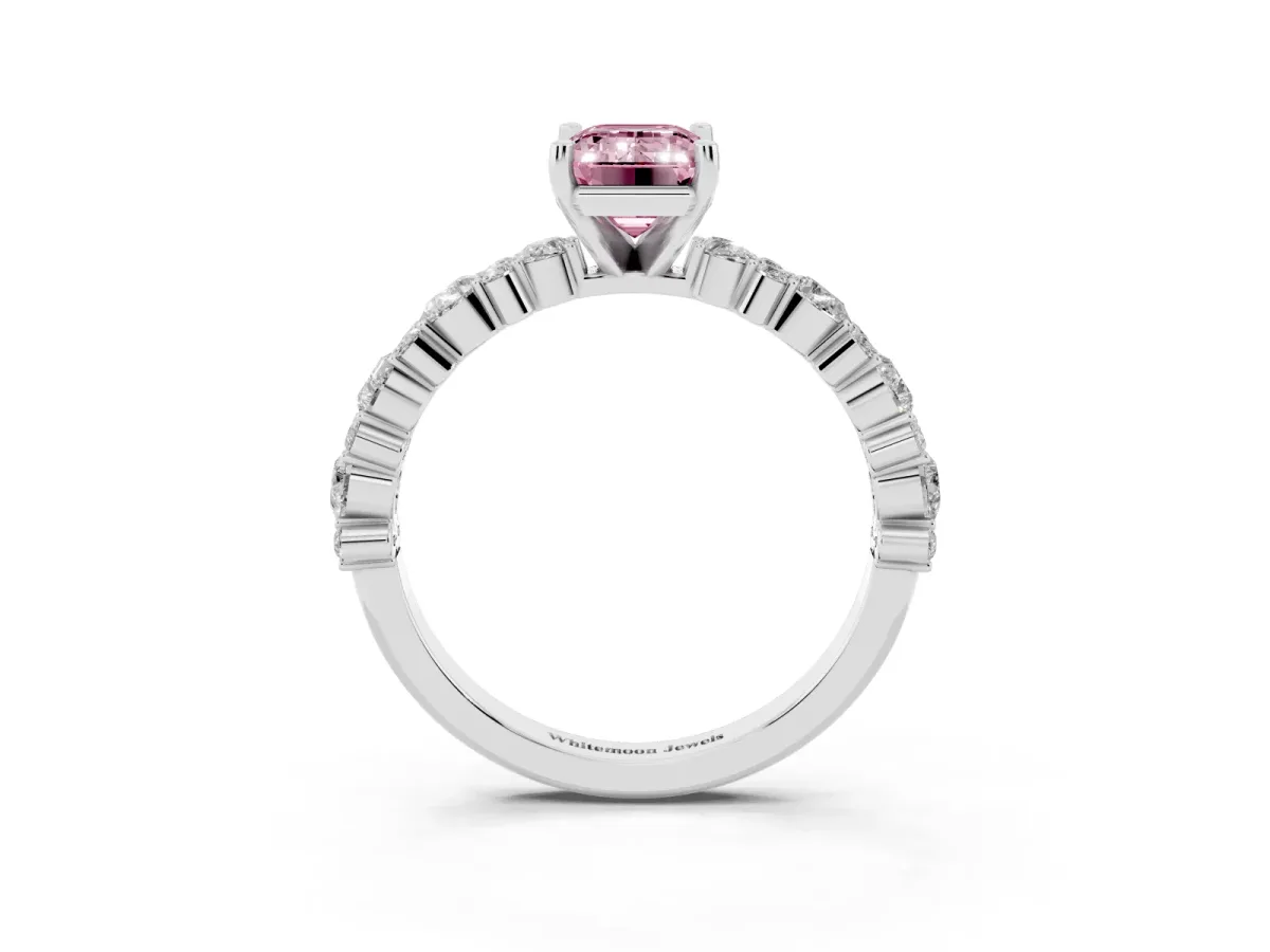 Fancy Pink Emerald Cut Diamond Side Stone Solitaire Ring with Round and Four-Prong Setting Platinum