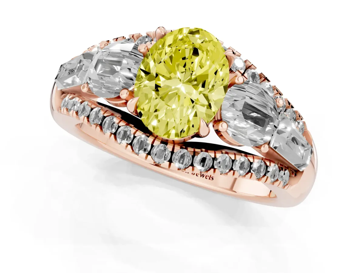 Fancy Yellow Three-Stone Oval Cut Diamond Engagement Ring with Pave Band and Prong Setting Rose gold