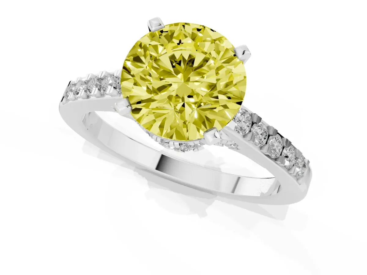 Fancy Yellow Round Cut Diamond Solitaire Ring with Crossover Gallery and Round Pavé Band Silver