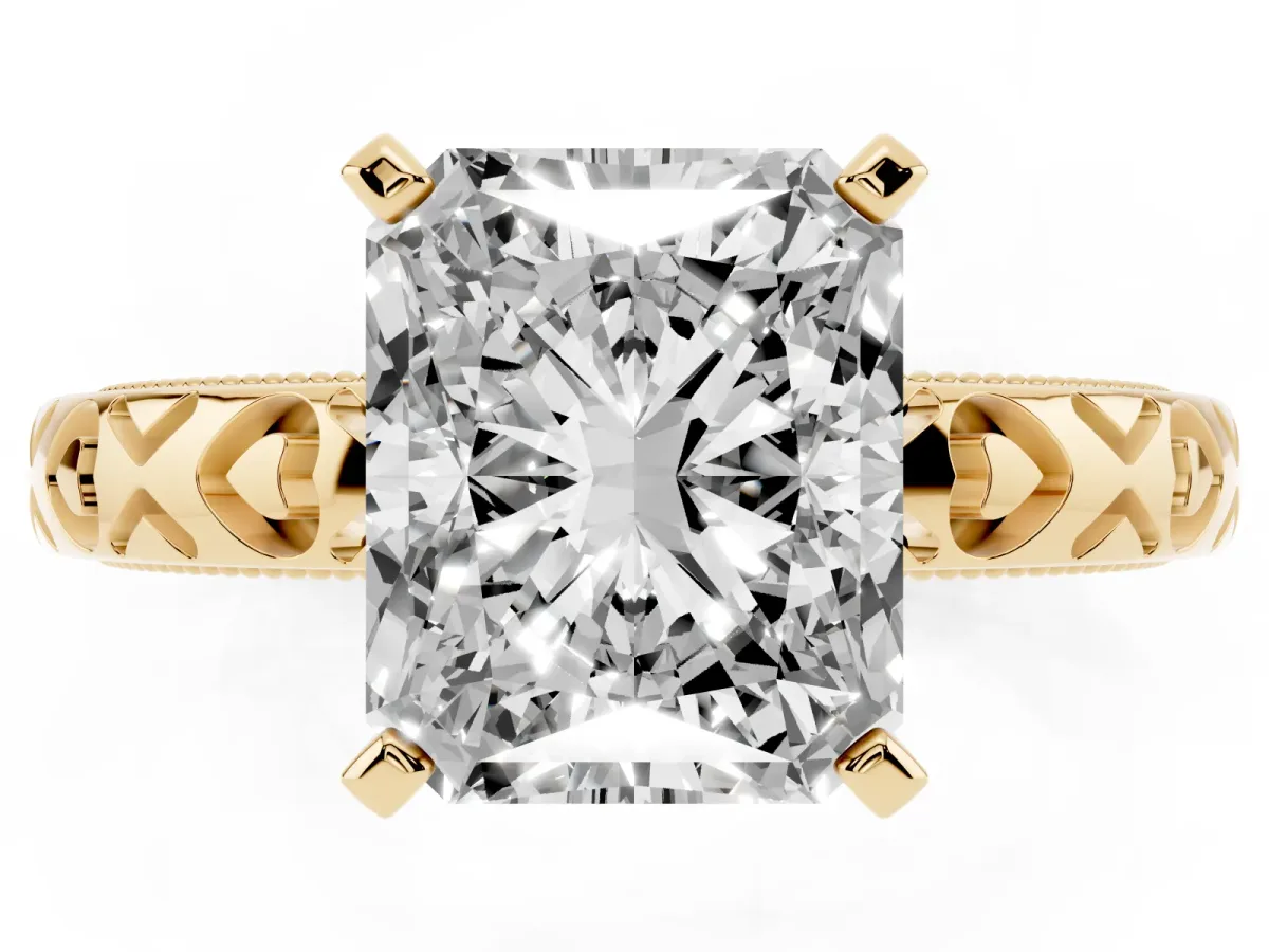 Radiant Cut Solitaire Diamond Engagement Ring with XO Engraved Band and Four-Prong Setting Yellow gold