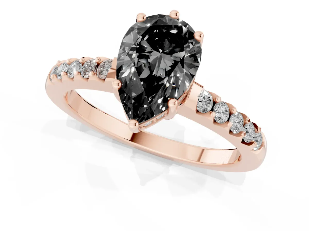 Fancy Black Pear Cut Solitaire Diamond Engagement Ring with Pavé Band and Six-Prong Setting Rose gold