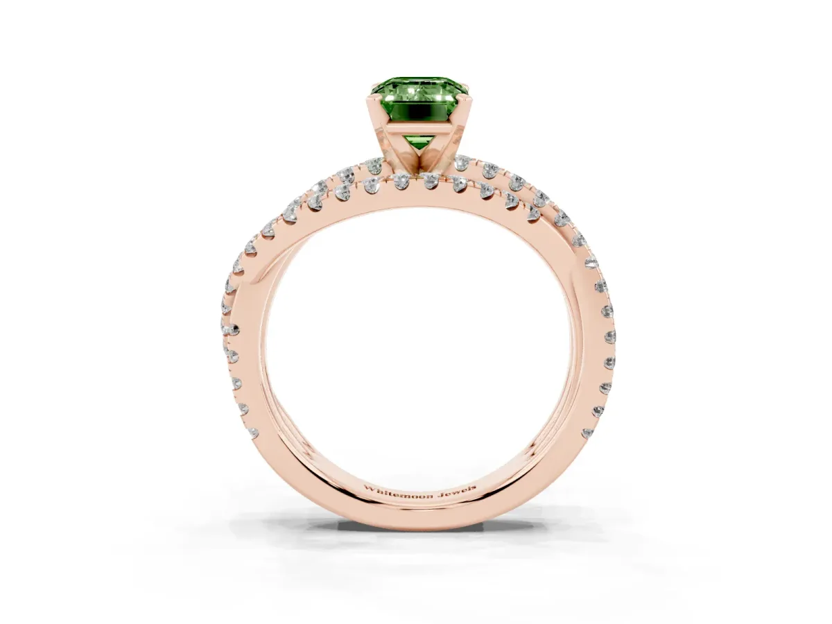 Fancy Green Emerald Cut Solitaire Twist Band with Pavé Setting and Four-Prong Setting Rose gold