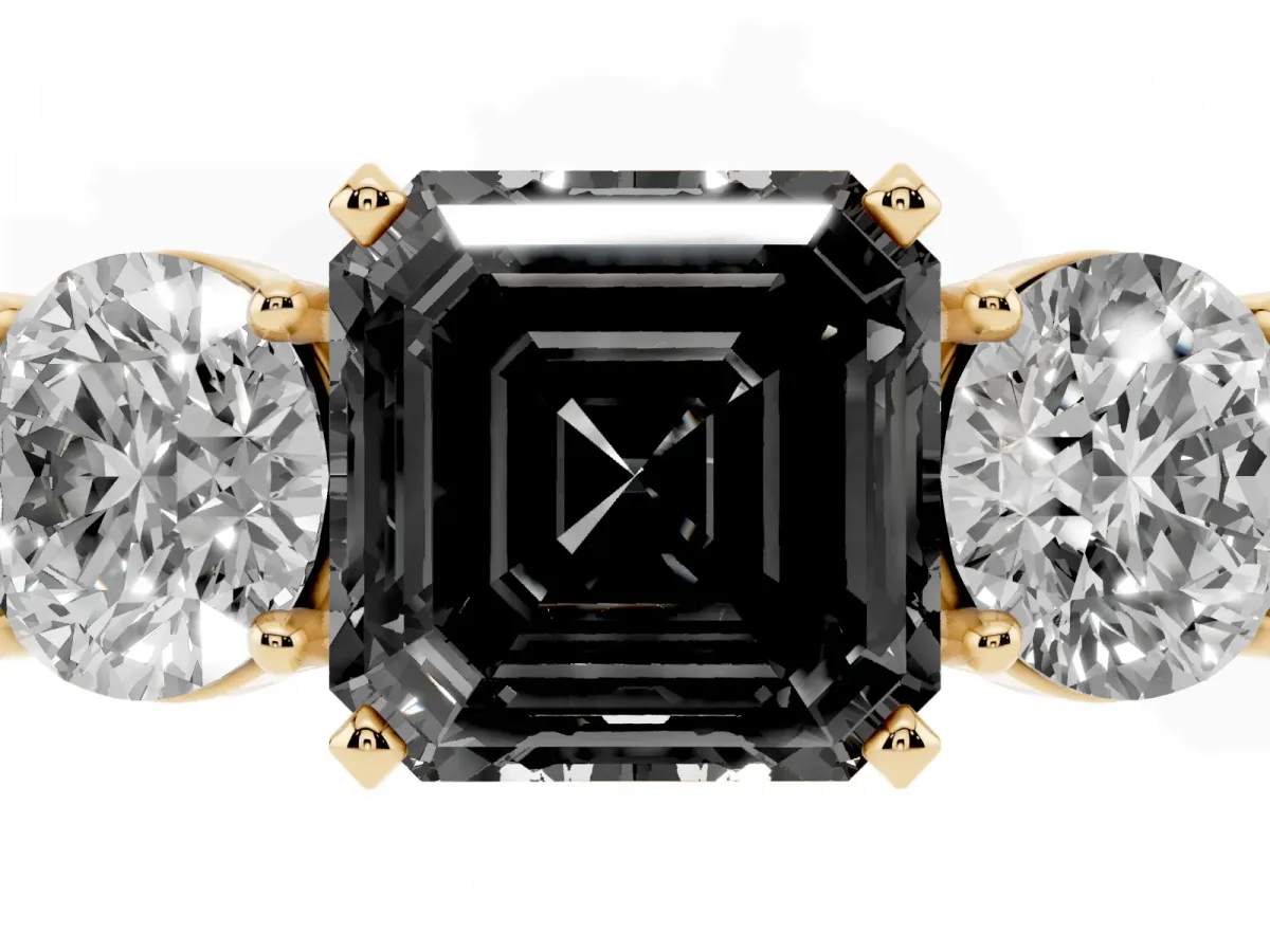 Fancy Black Three-Stone Asscher Cut Diamond Ring with Round Side Stones, Classic Band, and Four-Prong Setting Yellow gold