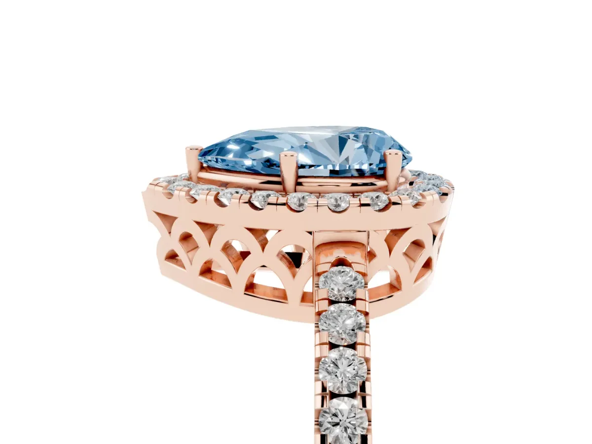 Fancy Blue Pear Cut Halo Diamond Engagement Ring with Pavé Band and Four-Prong Setting Rose gold
