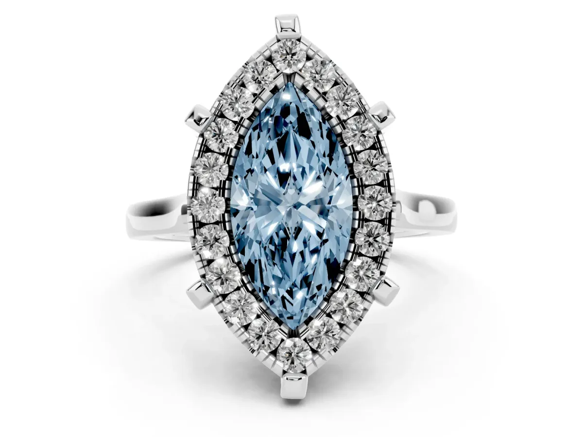 Fancy Blue Marquise Cut Diamond Cluster Halo Solitaire with Four-Prong Setting Silver