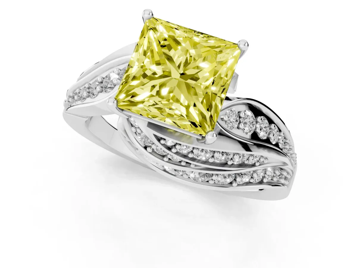 Fancy Yellow Princess Cut Diamond Solitaire Ring with Prong Setting and Twisted Pavé Band White gold
