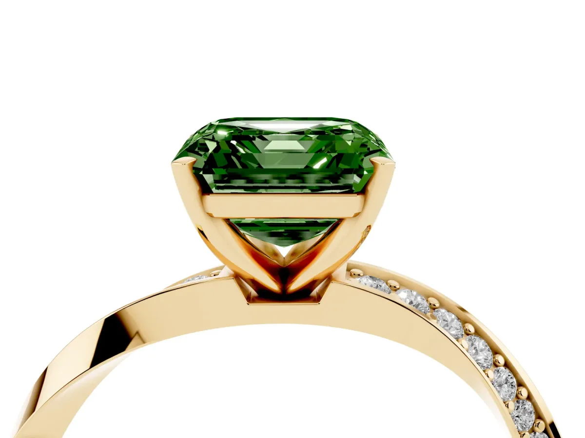 Fancy Green Asscher Cut Diamond Engagement Ring with Side Stone Accents and Four-Prong Setting Yellow gold