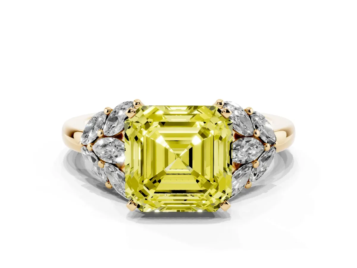 Fancy Yellow Asscher Cut Diamond Cluster Leaf Design Ring with Prong Setting Yellow gold