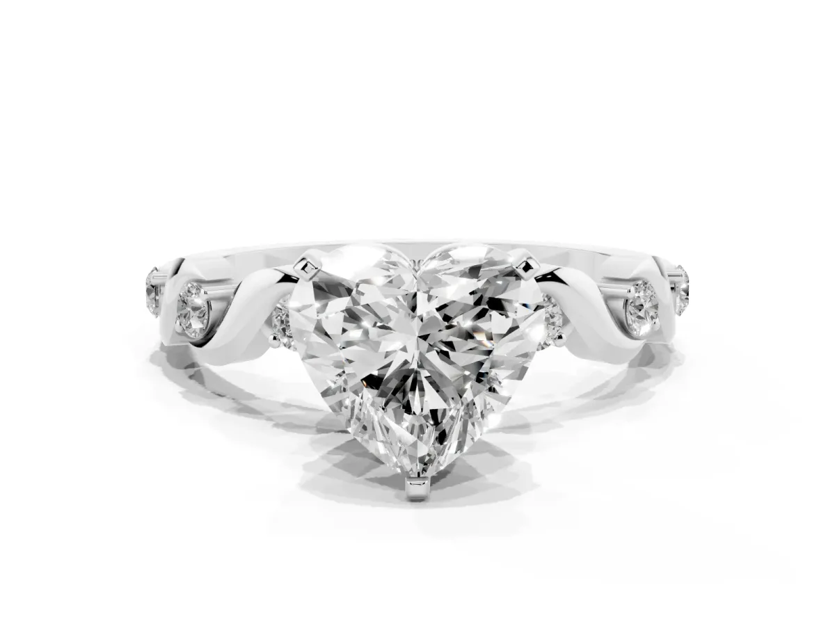 Heart Cut Diamond Solitaire Twisted Band with Round Accents and Prong Setting Silver