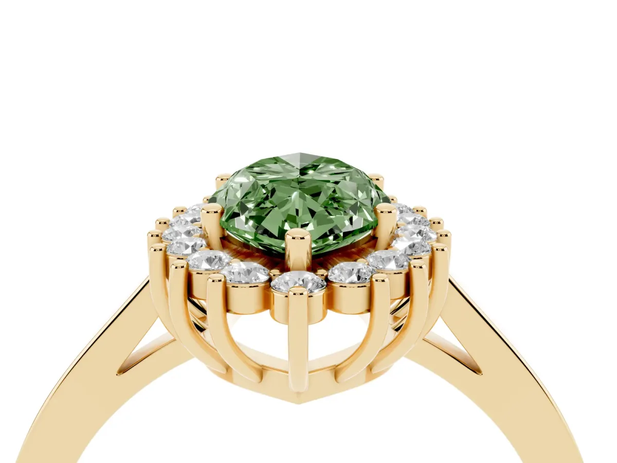 Fancy Green Marquise Cut Cut Diamond Halo Ring with Round Brilliant Halo and Solitaire Band Yellow gold