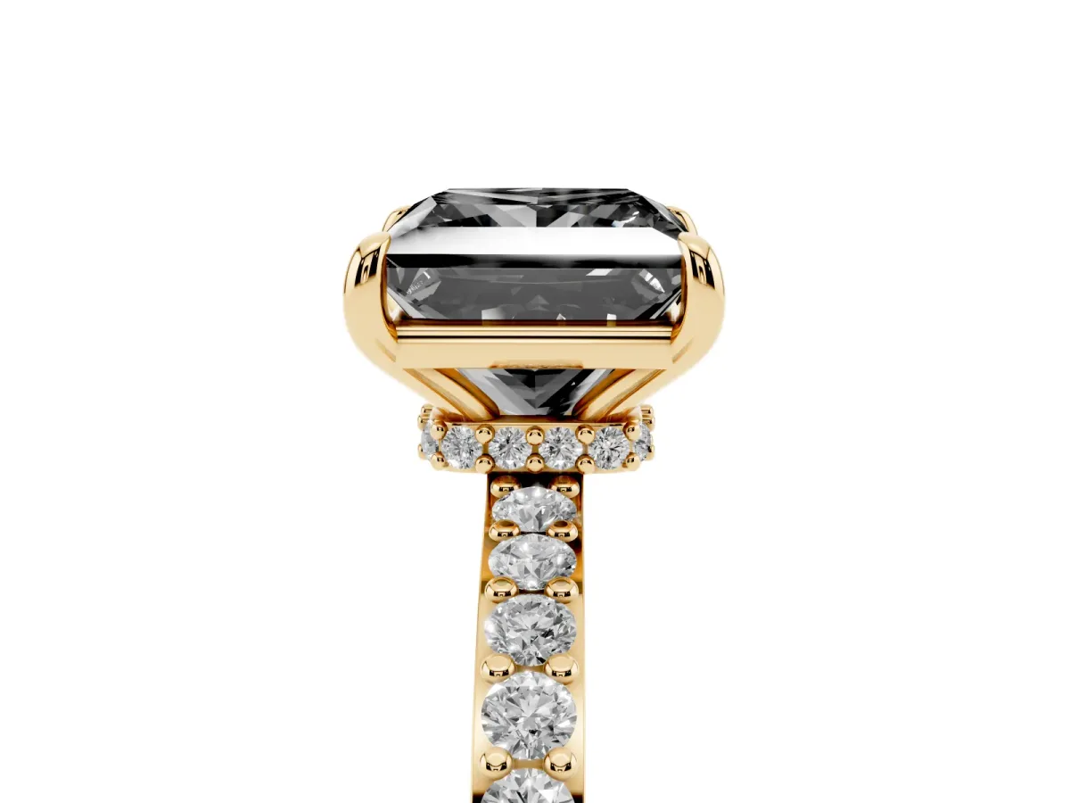 Fancy Black Princess Cut Diamond Pavé Engagement Ring with Round Accents and Prong Setting Yellow gold