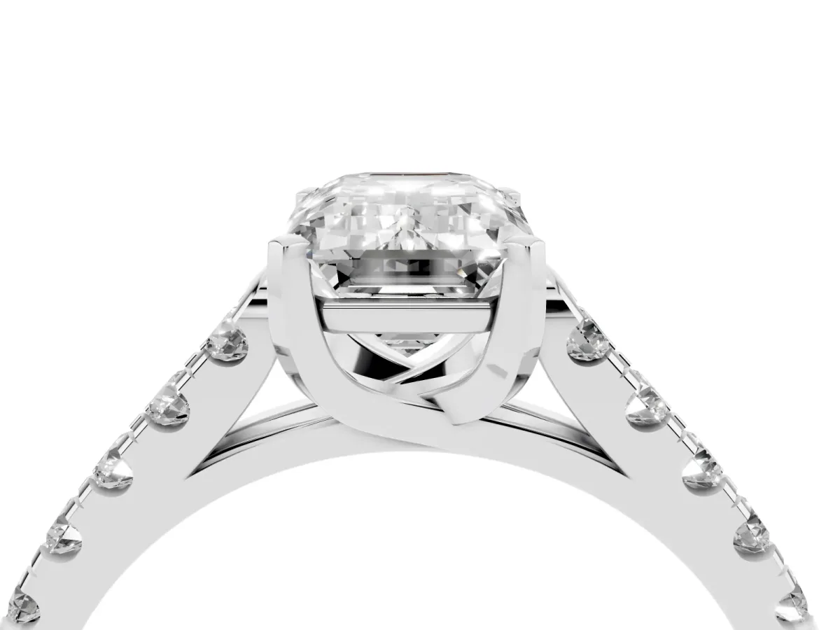 Emerald Cut Diamond Pavé Band Solitaire Ring with Prong Setting Silver