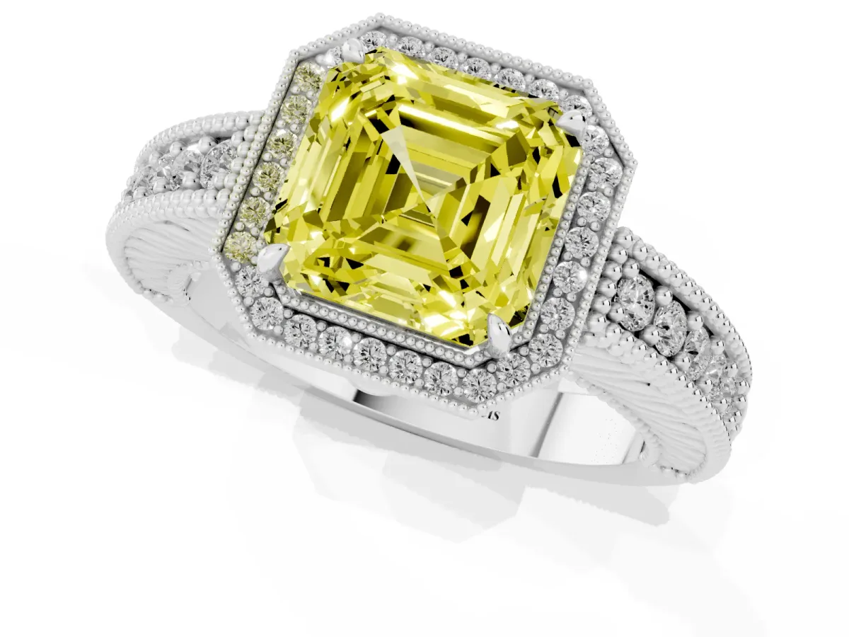 Fancy Yellow Asscher Cut Cut Halo Diamond Ring with Pavé Band and Four-Prong Setting Platinum
