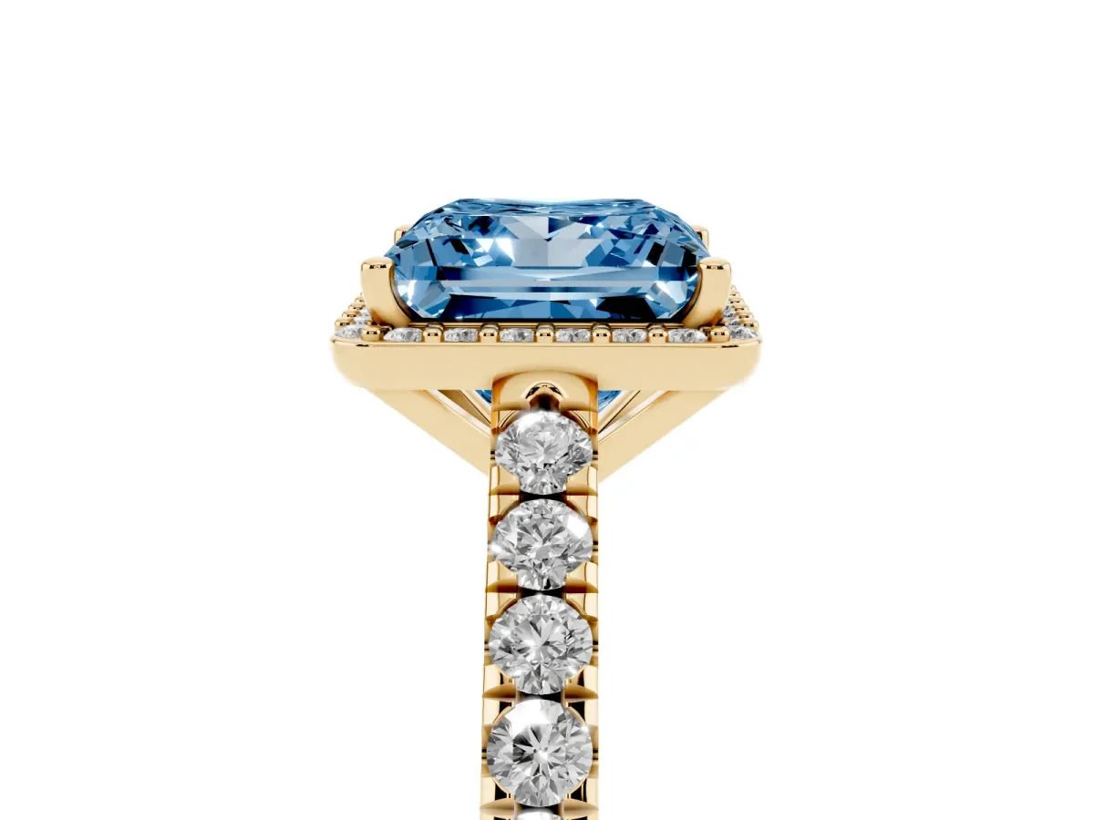 Fancy Blue Princess Cut Cut Halo Diamond Engagement Ring with Pave Band and Four-Prong Setting Yellow gold