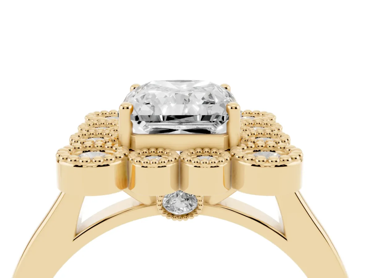 Radiant Cut Halo Diamond Cluster Engagement Ring with Milgrain Bezel Setting and Solitaire Band Yellow gold