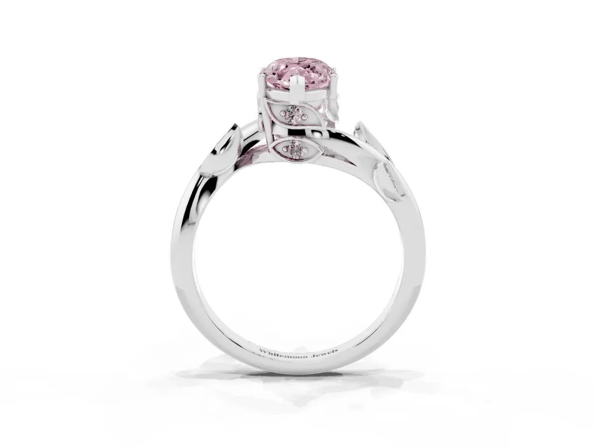 Fancy Pink Marquise Cut Solitaire Twist Engagement Ring with Leaf Accents and Prong Setting Silver