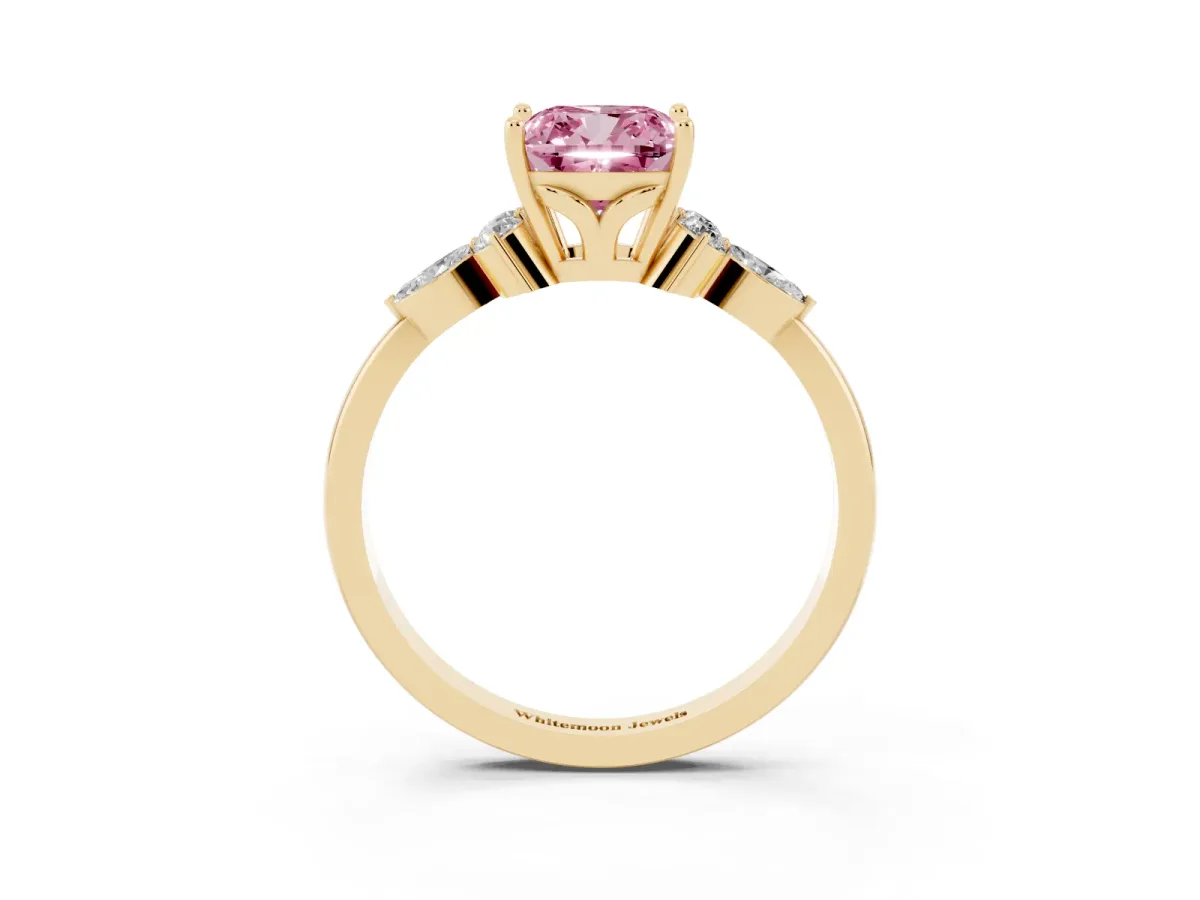 Fancy Pink Cushion Cut Brilliant Diamond Solitaire Ring with Pear Side Stones and Four-Prong Setting Yellow gold