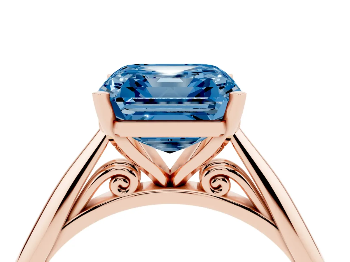Fancy Blue Asscher Cut Diamond Solitaire Engagement Ring with Cathedral Setting and Four-Prong Mount Rose gold
